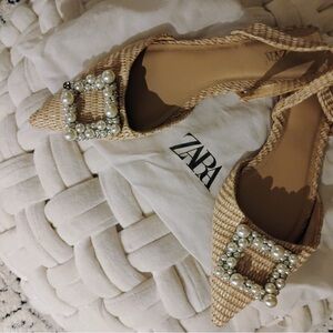 Zara Women's Beige Slingback Flats with Pearl Detail